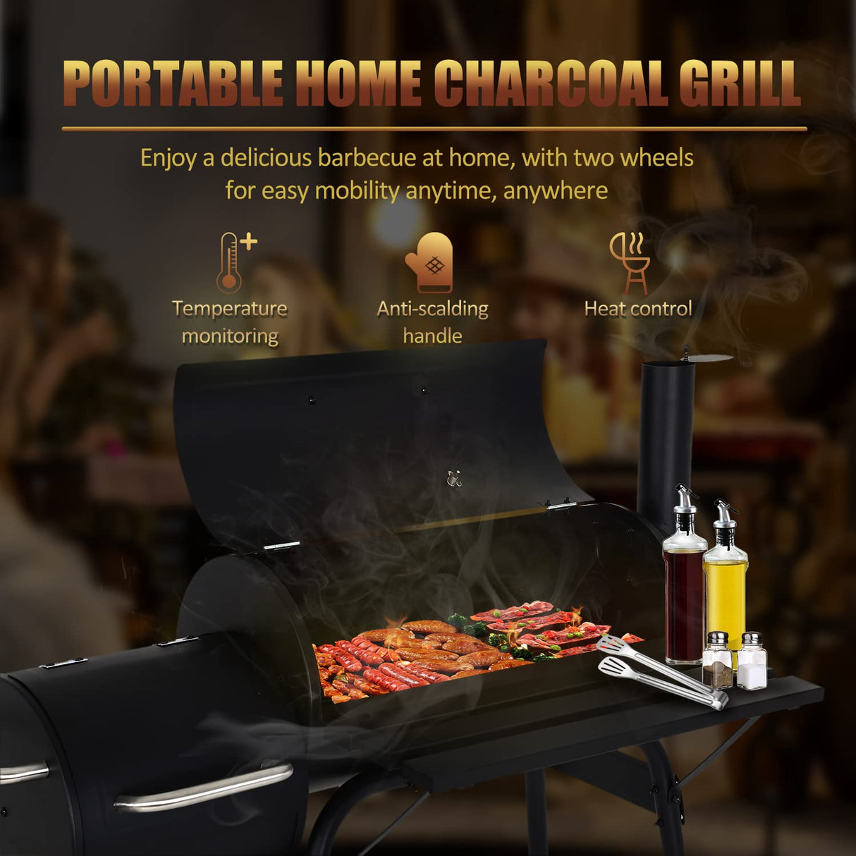 Charcoal Grills Outdoor BBQ Grill Offset Smoker with Wheels Side Fire Box Portable Barbecure Grill for Outdoor Cooking Backyard Camping Picnics,Black NChanmar