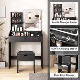 Vabches Vanity Desk with LED Light Mirror and Charging Station, Small Cute Vanity Set with 4 Storage Shelves 2 Drawers, Vanity for Girls Women with Storage Stool, Vanity Table for Bedroom (Black) Vabches