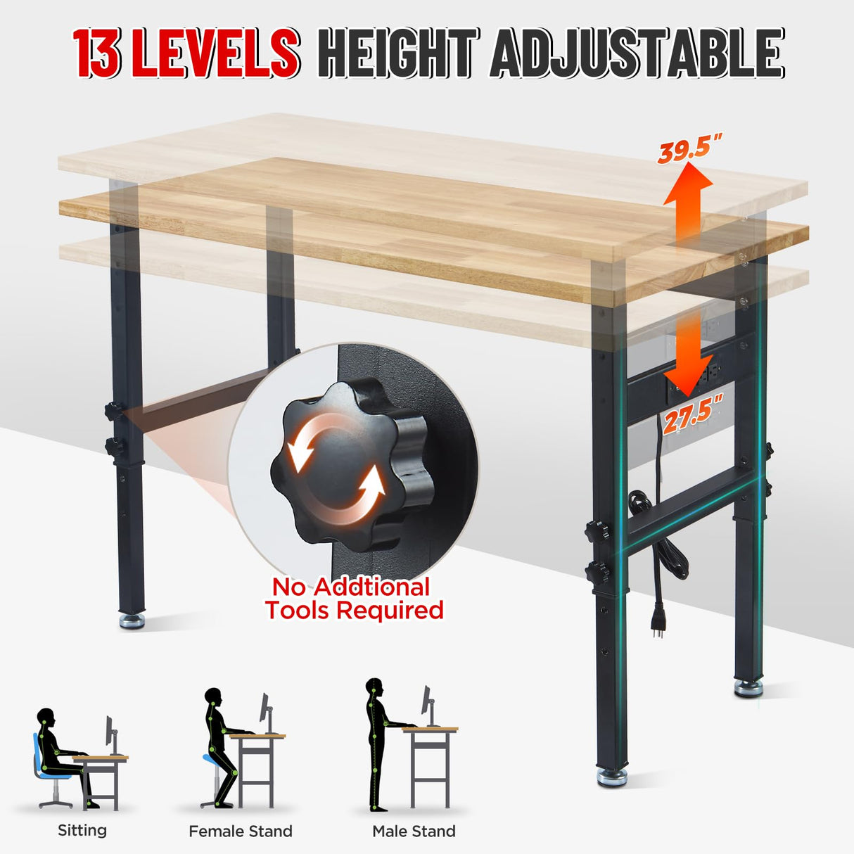 48" Adjustable Work Bench Garage Workbench with Power Outlets, 2200 Lbs Capacity Hardwood Top Work Bench Table Heavy-Duty Workbench for Garage, Workshop, Office, Home BMJX US