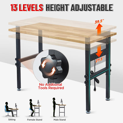 48" Adjustable Work Bench Garage Workbench with Power Outlets, 2200 Lbs Capacity Hardwood Top Work Bench Table Heavy-Duty Workbench for Garage, Workshop, Office, Home - WoodArtSupply