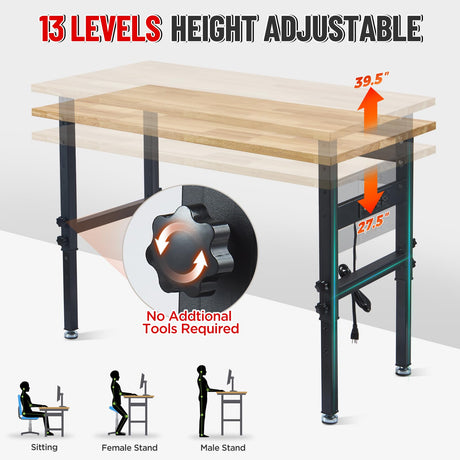 48" Adjustable Work Bench Garage Workbench with Power Outlets, 2200 Lbs Capacity Hardwood Top Work Bench Table Heavy-Duty Workbench for Garage, Workshop, Office, Home BMJX US