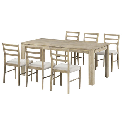 Merax 7-Piece Wooden Dining Table Set, Multifunctional Extendable Tabletop with 12” Leaf and 2 Drawers, 6 Chairs with Soft Cushion, Natural Wood Wash - WoodArtSupply