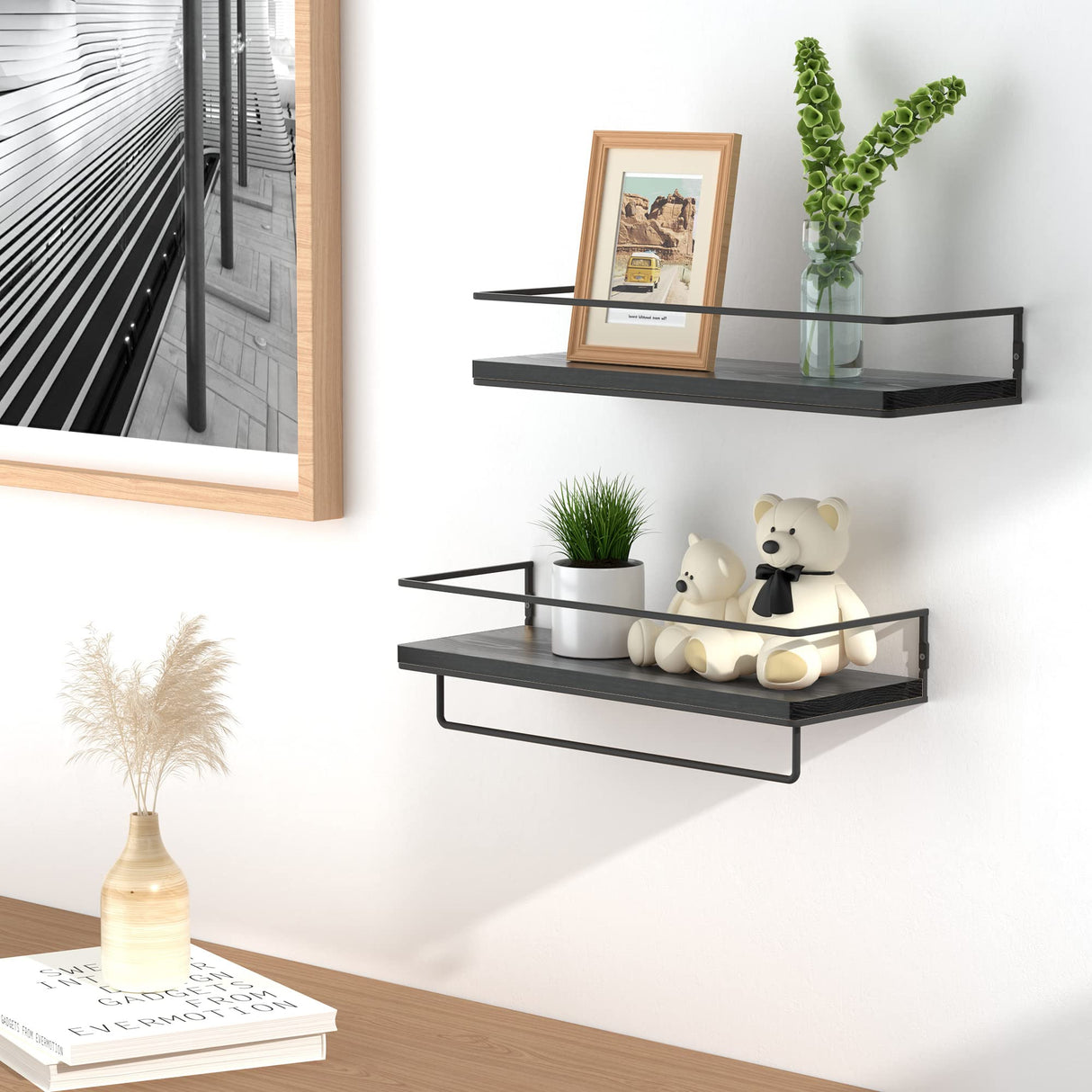ZGO Floating Shelves for Wall Set of 2, Wall Mounted Storage Shelves with Black Metal Frame and Towel Rack for Bathroom, Bedroom, Living Room, Kitchen, Office (Black) ZGO