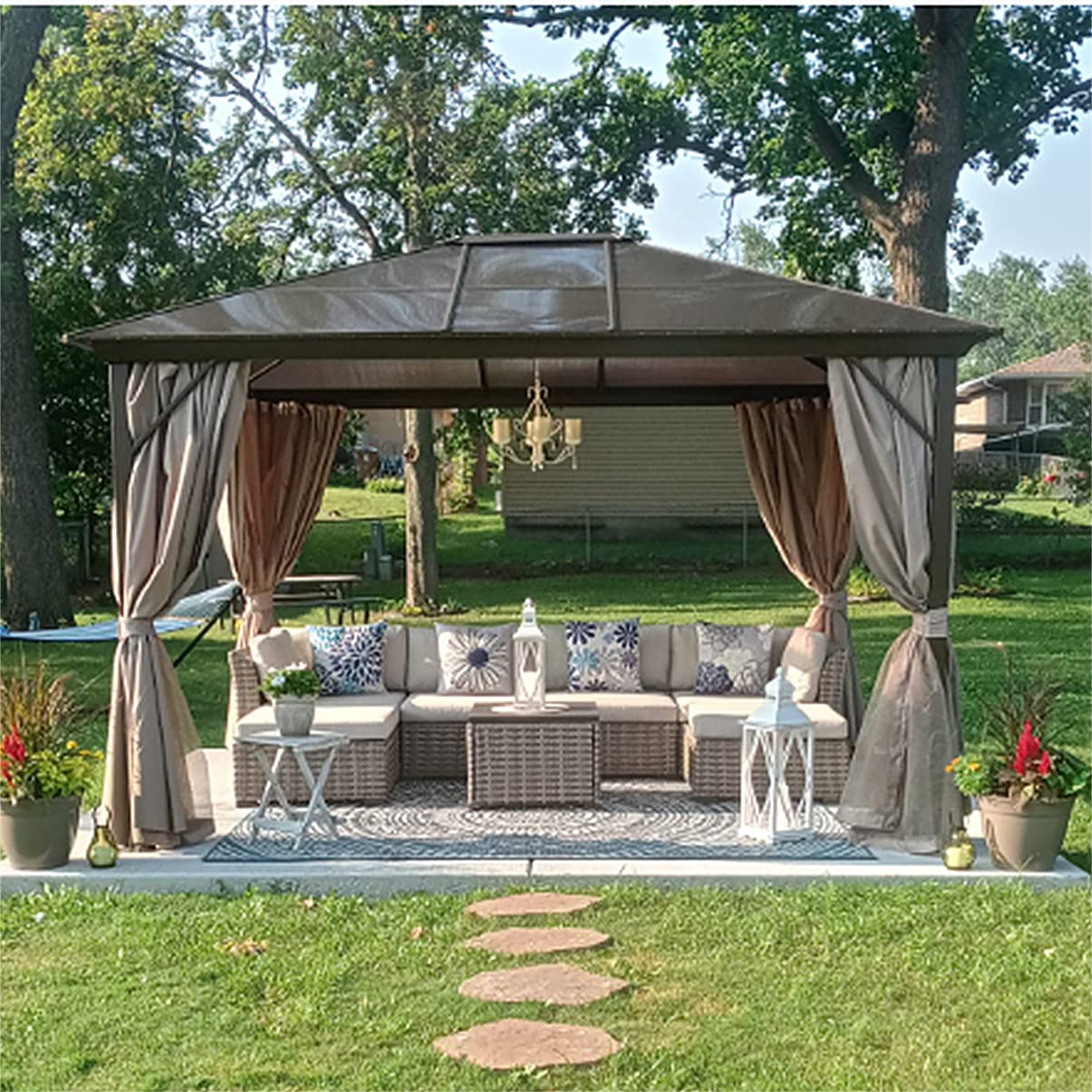 YOLENY 10'x12' Hardtop Gazebo, Outdoor Polycarbonate Roof Canopy, Aluminum Frame Permanent Pavilion with Curtains and Netting, Sunshade for Garden, Patio, Lawns YOLENY