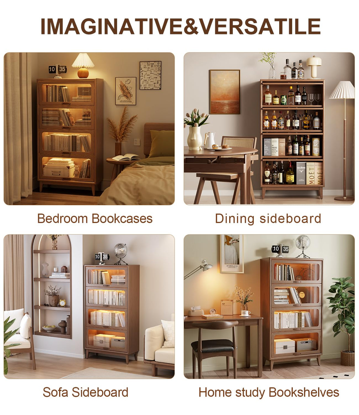 KungFuWood Wooden Bookcase with Tempered Glass Doors, Large Solid Wood Bookshelf Glass Front Bookshelves flip top Display Cabinet case Hidden Glass Doors for Apartments, Home Offices (4 tire 60") KungFuWood