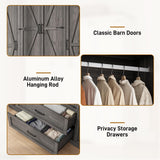 Hlivelood 4 Doors Wardrobe Armoire Closet with Doors and Drawers, Farmhouse Wooden Armoire Storage Cabinet with Shelves & Hanging Rod for Bedroom, Grey Hlivelood