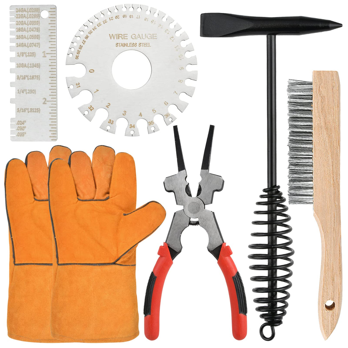 Worldity 6Pcs Welding Slag Removal Tool Set, 10 Inch Welding Chipping Hammer with Coil Spring Handle, Welding Pliers, Wire Brush, Metal Sheet Thickness Gauges and Welding Gloves for Removing Slag Worldity