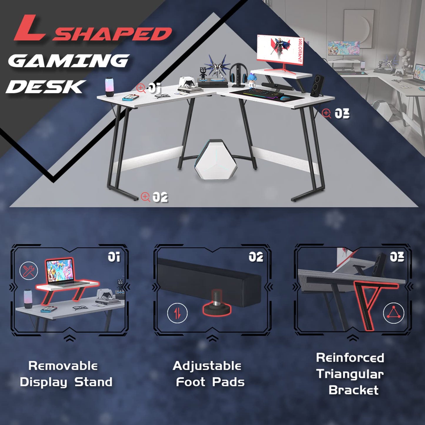 Homall L Shaped Gaming Desk Computer Corner Desk PC Gaming Desk Table with Large Monitor Riser Stand for Home Office Sturdy Writing Workstation (Classical White, 51 Inch)