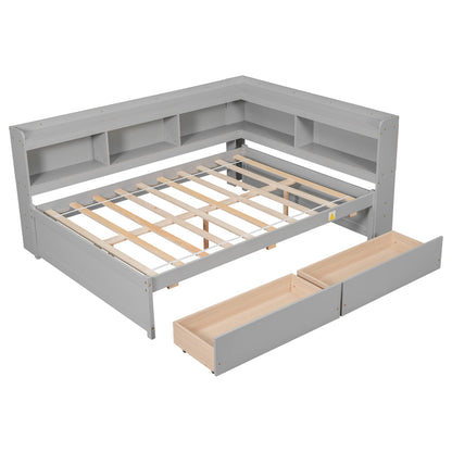 Harper & Bright Designs Full Bed with Storage Drawers and L-Shaped Bookcases, Solid Wood Platform Headboard, Size Daybed Sofa Frame for Bedroom