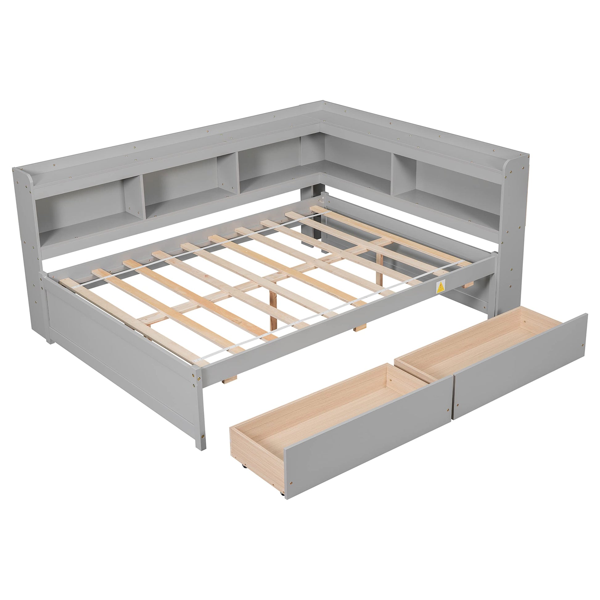 JIVOIT Full Size Captain Platform Bed with L-Shaped Bookcases and Dual Storage Drawers in Gray - WoodArtSupply