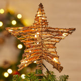Christmas Star Tree Topper, Plug in 12" Rattan 3D Star Tree Topper, Rustic Rattan Natural Star, Built-in 10-Bulb String Lights for Christmas Tree Decoration New Year Holiday Home Office Indoor Brightown