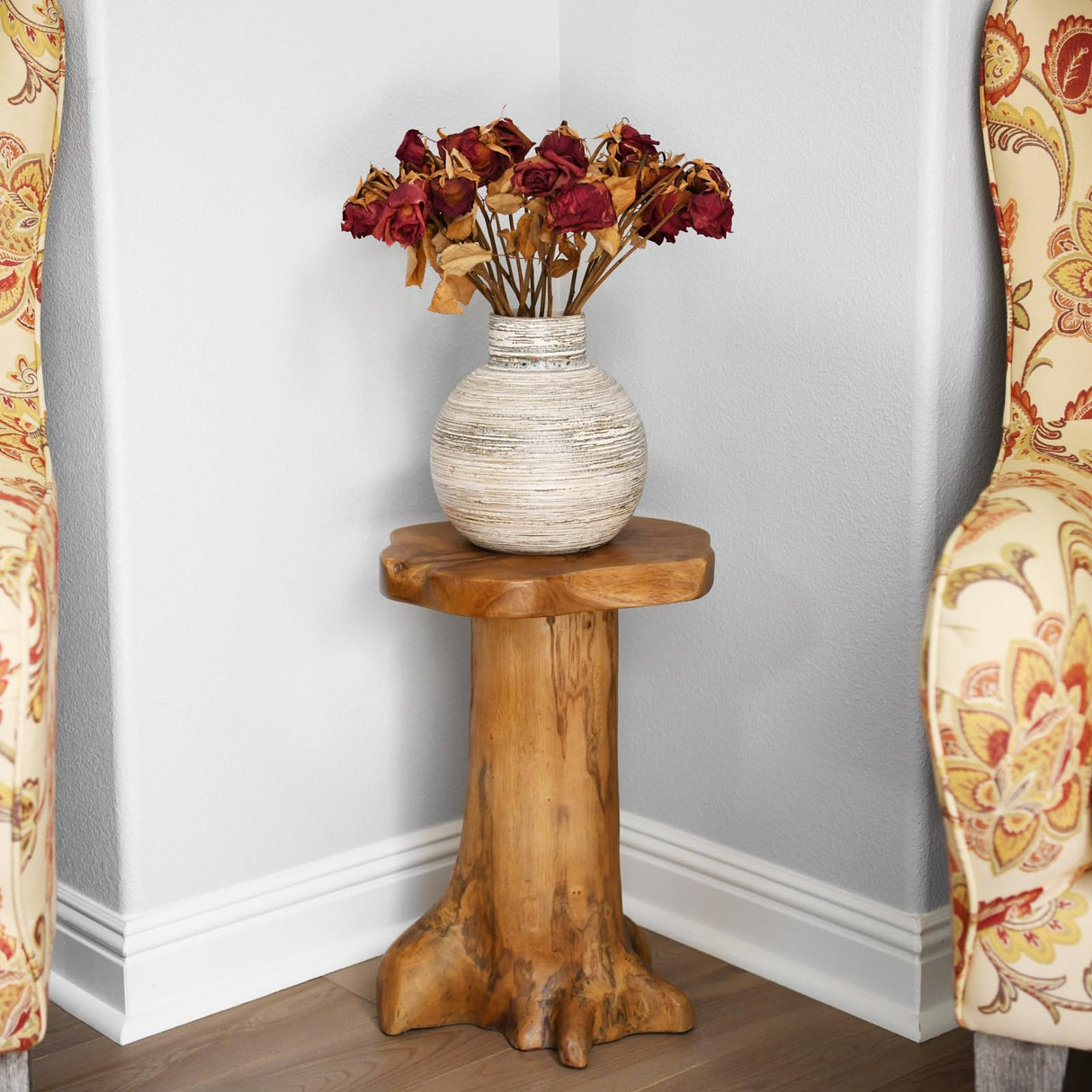 WELLAND Teak Tree Stump Side Table, Live Edge Stool, Natural Edge Wood Side Table WELLAND