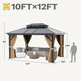 DWVO 10x12ft Hardtop Gazebo Double Roof Polycarbonate Canopy Outdoor with Netting and Shaded Curtains, Aluminum Frame Garden Tent for Patio, Backyard, Deck and Lawns, Brown DWVO
