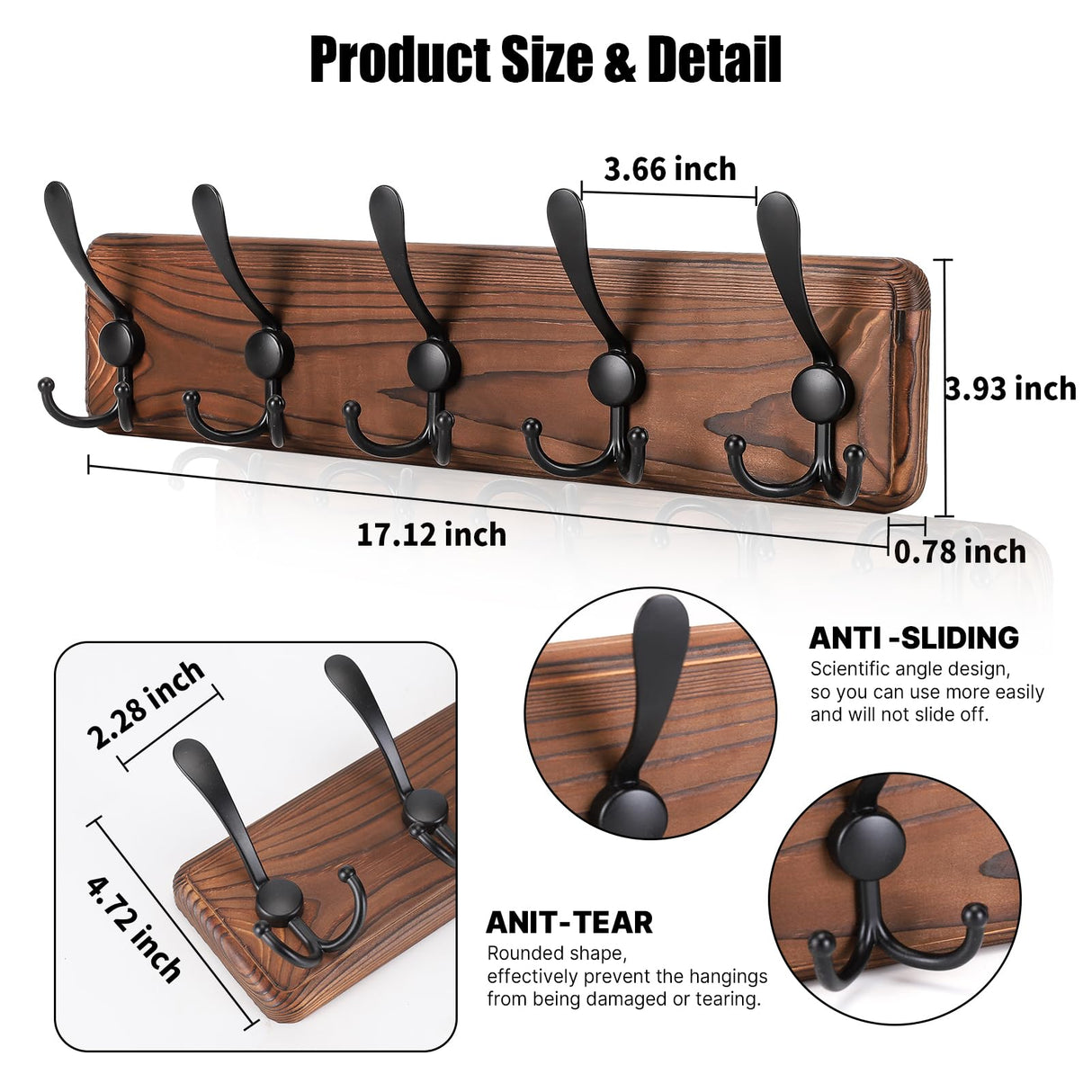 Gohiuo Rustic Wall Mount Coat Rack, Coat Hooks Wall Mount Wood Coat Rack with 5 Triple Hooks, Heavy Duty Wooden Wall Mounted Coat Hanger for Entryway, Farmhouse Hanging Coats, Hats, Bags,Towels Gohiuo