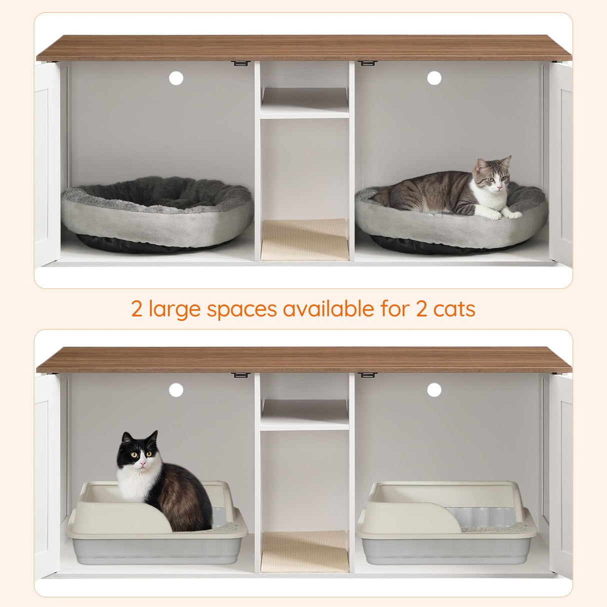 HOOBRO Double Litter Box Enclosure, Modern Cat Litter Box Furniture with Storage and Mat Design, Farmhouse Hidden Litter Box Enclosure with 2 Hooks, White and Walnut WH23MW01 HOOBRO