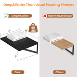 Heimlove Black Deep Floating Shelves for Wall, 16W x 12D Wood Wall Shelves Set of 2, Wide Floating Bookshelf for Living Room, Kitchen, Office, Bedroom and Decor Storage, with Metal Bracket - Black Heimlove