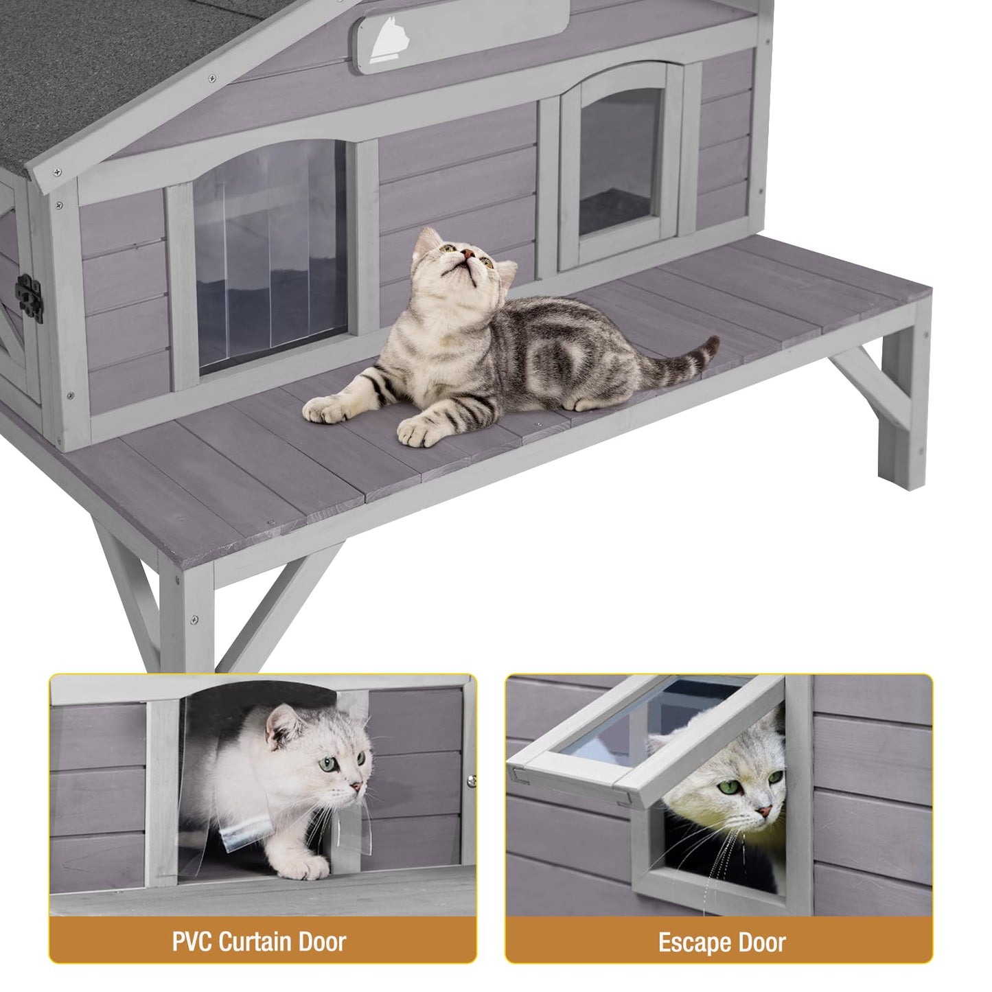 Outdoor Cat House, Shelter for Feral Cats Wooden Kitty Shelter, Weatherproof Cat Enclosure with Large Balcony - WoodArtSupply