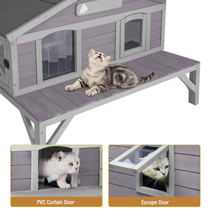 Outdoor Cat House, Shelter for Feral Cats Wooden Kitty Shelter, Weatherproof Cat Enclosure with Large Balcony - WoodArtSupply