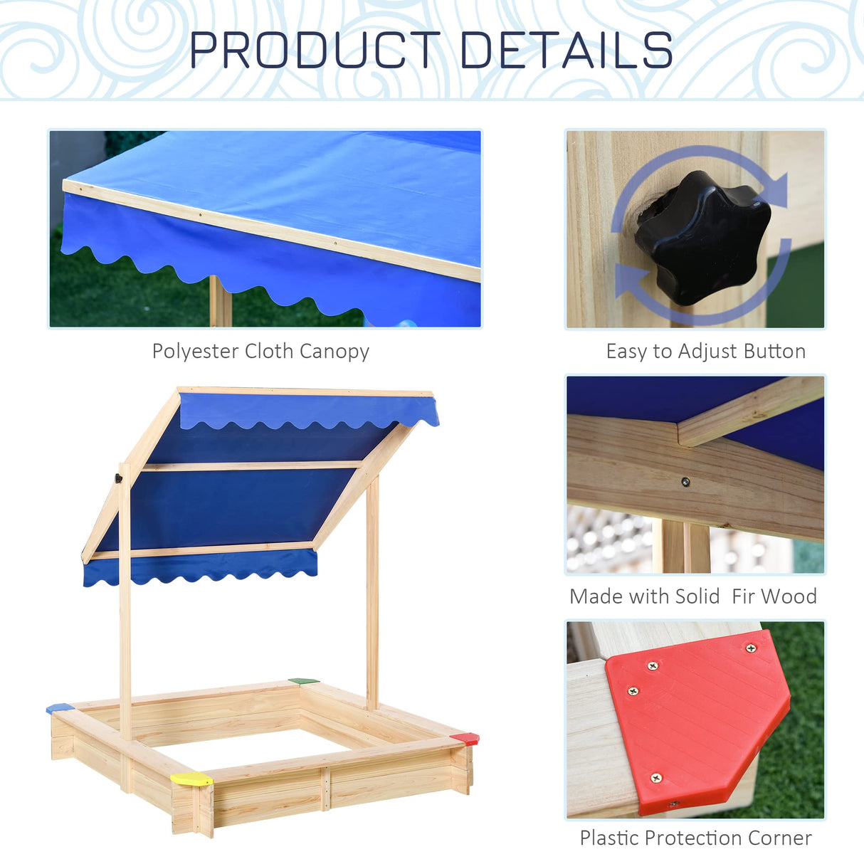 Outsunny Wooden Sandbox w/Adjustable Canopy, Children Outdoor Playset Weather Resistant 47" L x 47" W x 47" H, Natural & Blue Outsunny