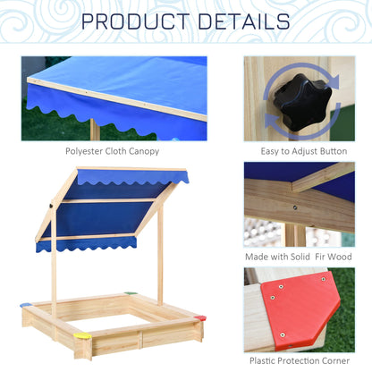 Outsunny Wooden Sandbox w/Adjustable Canopy, Children Outdoor Playset Weather Resistant 47" L x 47" W x 47" H, Natural & Blue - WoodArtSupply