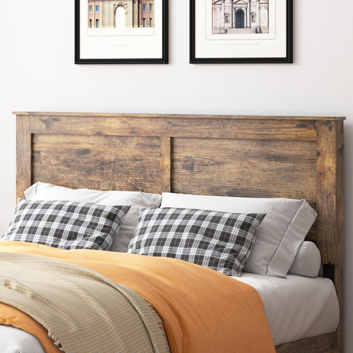 YHJIV Wood Queen Bed Frame with Headboard, Rustic Farmhouse Platform Bed Frame with 12 Wood Slats Support, No Box Spring Needed, Easy Assembly (Vintage Brown, Queen) YHJIV