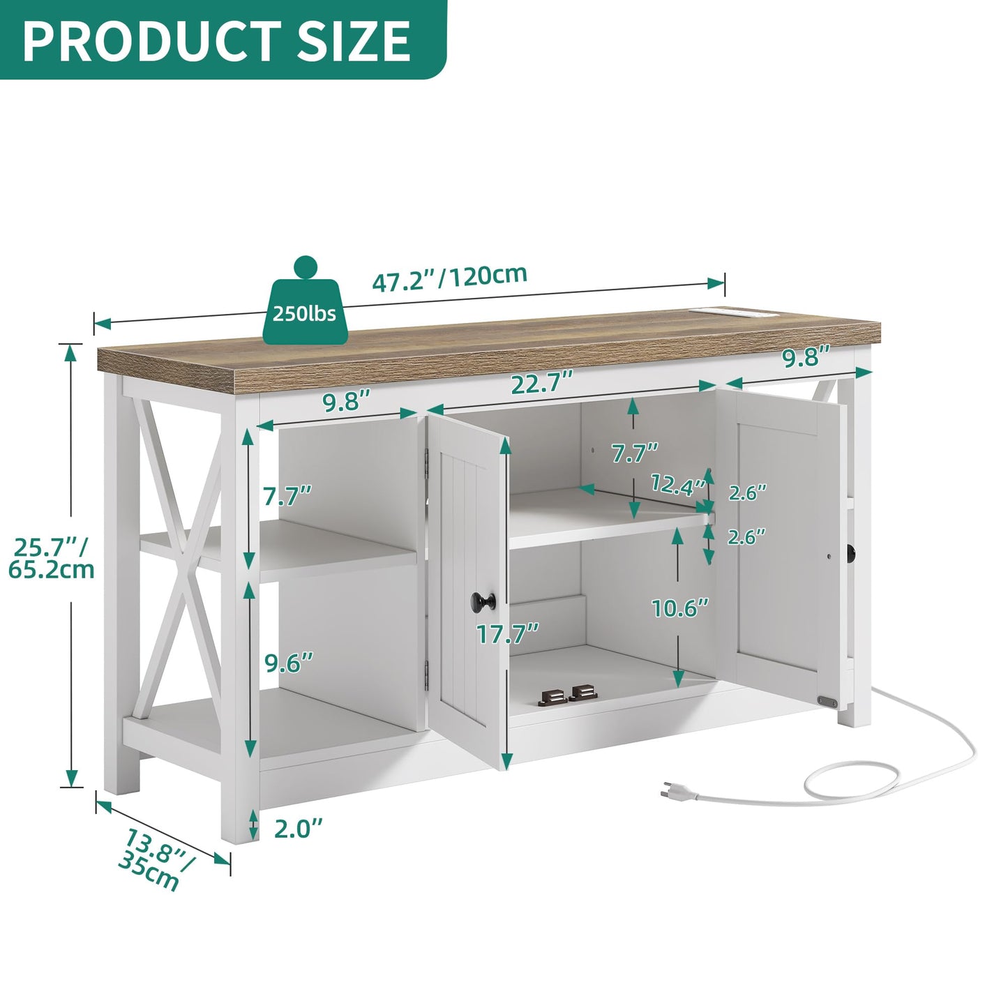 YITAHOME Farmhouse TV Stand for 55/50 Inch with Power Outlet, Mid Century Modern Entertainment Center with Storage and Adjustable Shelf, 47'' TV Table Media Console for Living Room, White & Grey Wash