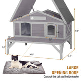 Outdoor Cat House, Shelter for Feral Cats Wooden Kitty Shelter, Weatherproof Cat Enclosure with Large Balcony GUTINNEEN
