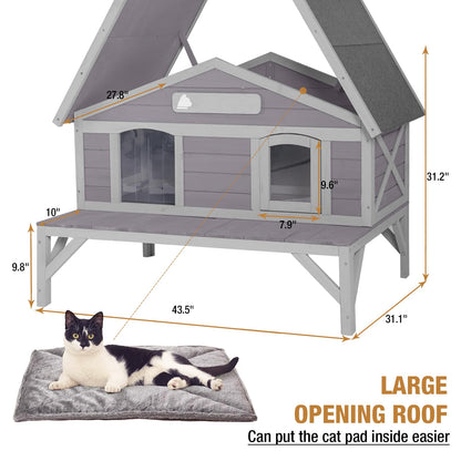 Outdoor Cat House, Shelter for Feral Cats Wooden Kitty Shelter, Weatherproof Cat Enclosure with Large Balcony - WoodArtSupply