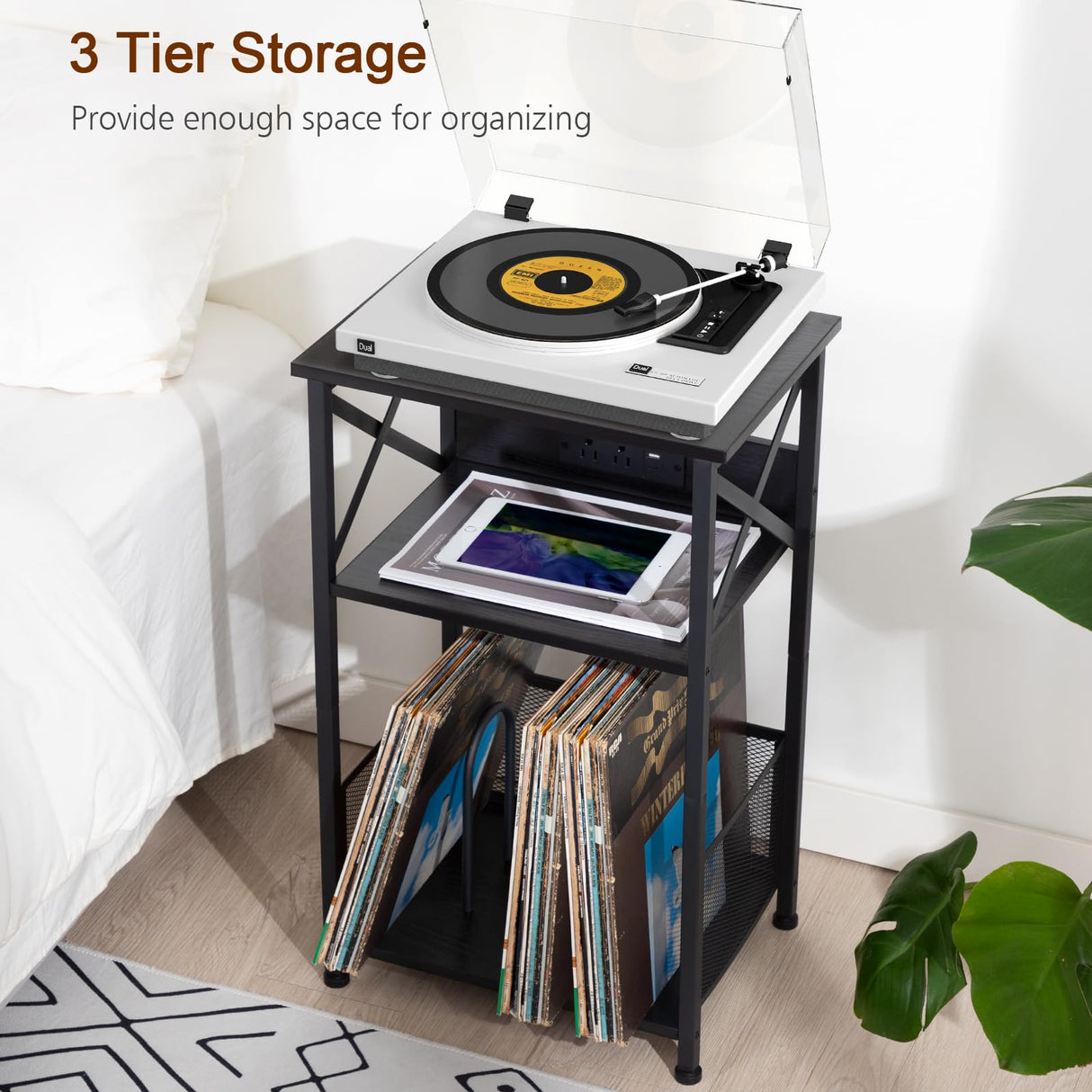 AMHANCIBLE Record Player Stand with Charging Station, Turntable Stand with Storage Cabinet, 3 Tier End Table Hold Up to 100 Albums, Record Stand for Vinyl, Living Room, Black, HETCD01BK-1 AMHANCIBLE