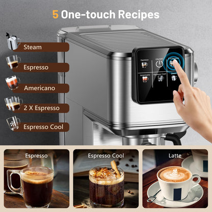 RELEXNOW Espresso Machine, 20 Bar Espresso Maker Milk Frother & LCD Panel, Hot & Iced Coffee Machine, Stainless Steel Espresso Coffee Machine with 41oz Water Tank for Cappuccino, Latte