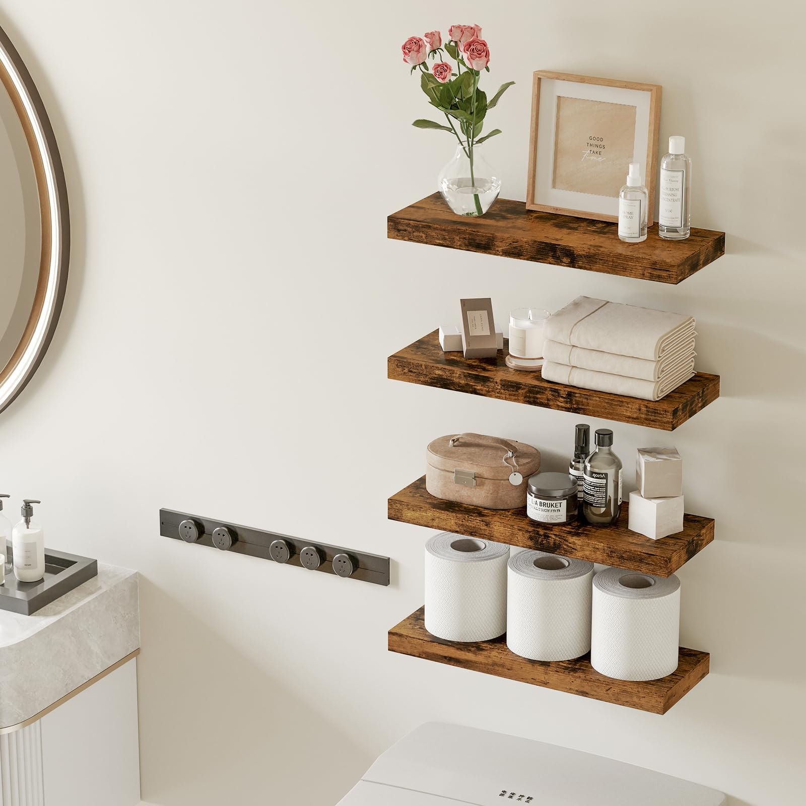 Fixwal 15.8in Floating Shelves, Rustic Wood Finish Wall Shelves Set of 4, Shelves for Wall Decor, with Invisible Brackets for Bathroom, Living Room,Bedroom and Kitchen(Rustic Brown) - WoodArtSupply