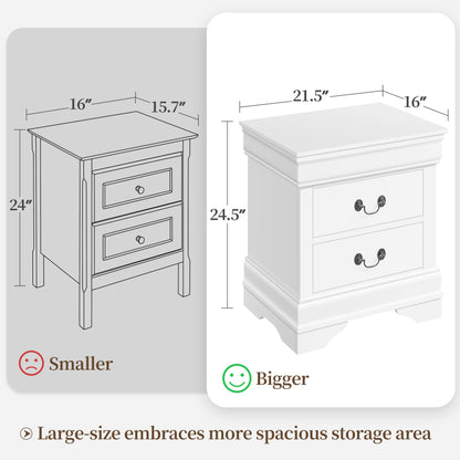 Yaheetech Fully-Assembled Nightstand with Drawers, Classic 2-Drawer Nightstand Large Bedside Table with Storage, Wooden Painted Storage Cabinet for Bedroom, 21.5″L×16″W×24.5″H, White