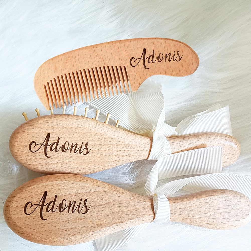 3Pcs Custom Wooden Baby Hair Brush Set Personalized Newborn Baby Gift -Custom Name Baby Bathing Comb Bristles (Wood) - WoodArtSupply