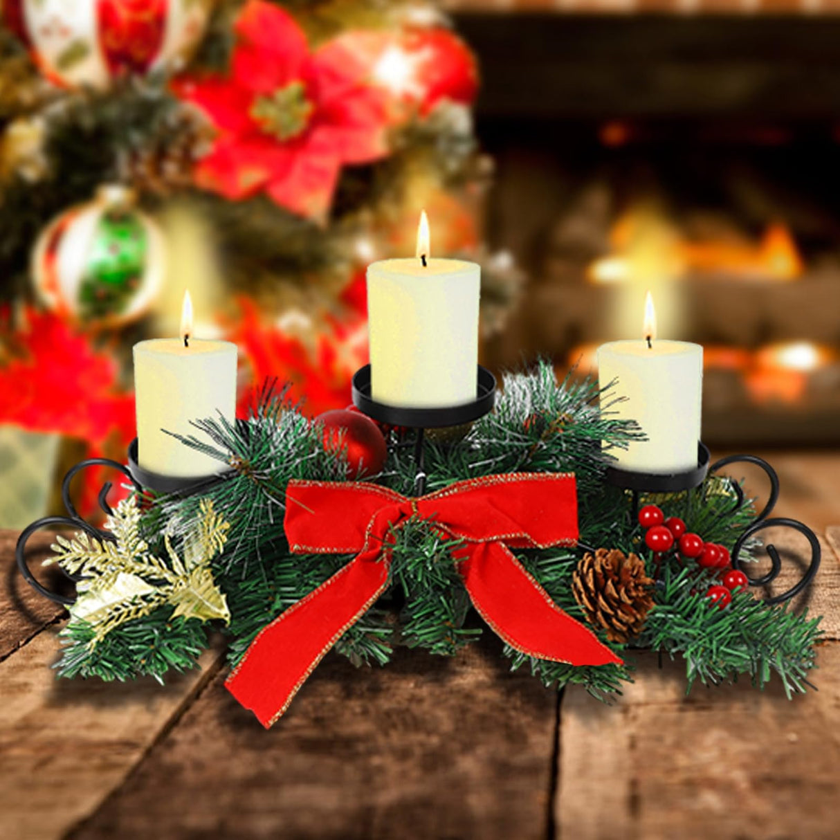 MorTime Christmas Candle Holder Centerpiece, Xmas Tabletop Decor with Red Bow Berries Pinecones, Table Centerpiece with Steel Base for Christmas Decoration MorTime