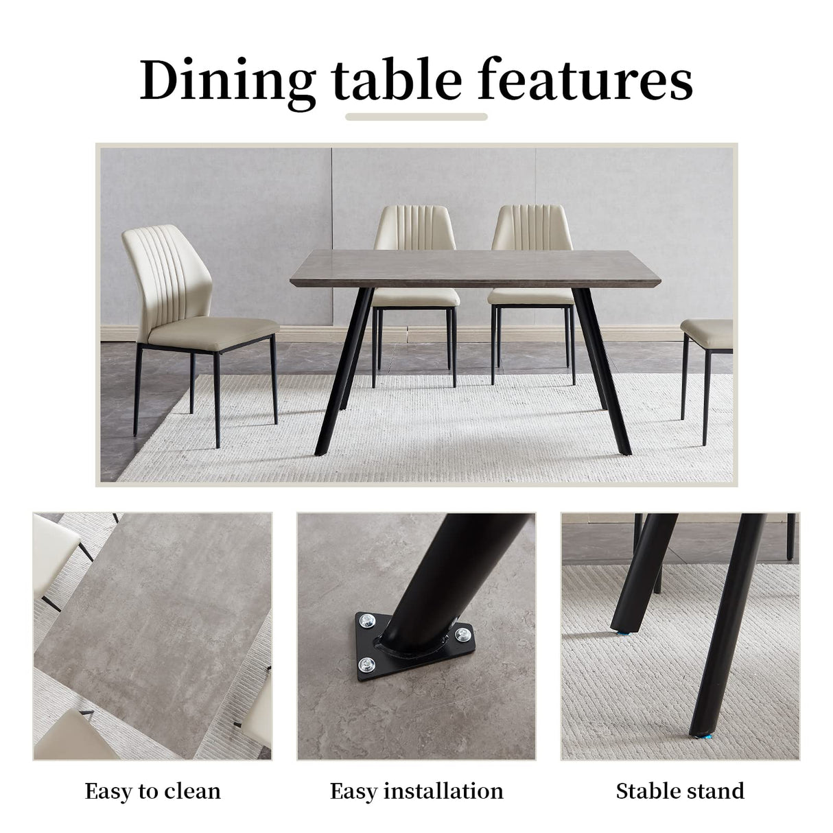 ZckyCine Modern Mid-Century Style 4-Piece Dining Table Set Rectangular Wooden Table 2 Soft Cushioned Leather Chairs 1 Bench, Suitable for 4-Person Dining ZckyCine