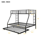 Twin Over Full Bunk Beds with Trundle, Metal Trundle Bed Frame with Safety Rails and Ladder for Bedroom, Black Flieks