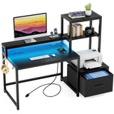 GreenForest Computer Desk with Drawers and Monitor Stand, Home Office Desk with Storage Shelves, Small Gaming Desk with Power Outlets and LED Lights for Study Writing Working, 51 inch Black GreenForest