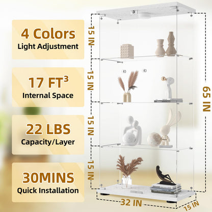 HAMBING Glass Display Cabinet 4 Shelves with Light and Lock, 2 Doors Trophy Curio Jewelry Cabinet Collection Display Showcase, for Bedroom, Office, - WoodArtSupply