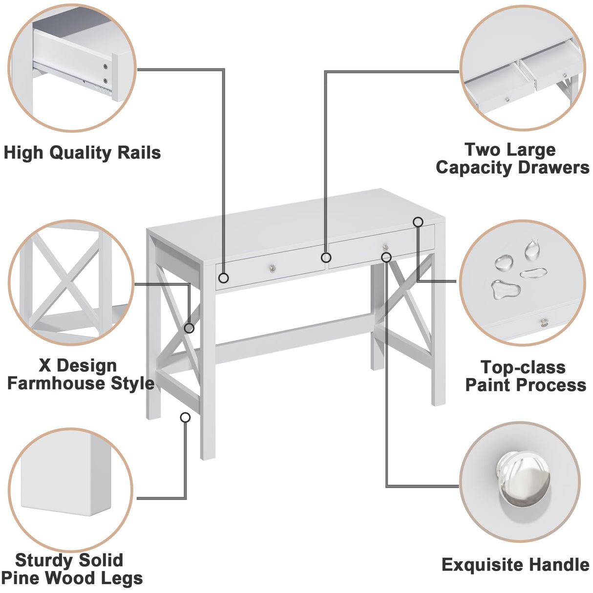 ChooChoo Computer Desk Study for Home Office, Modern Simple 40 Inches White Desk with Drawers, Makeup Vanity Console Table ChooChoo
