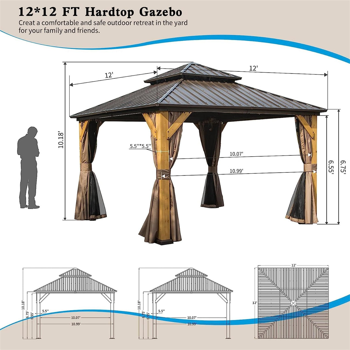 12'x12' Hardtop Gazebo with Cedar Wood Frame, Outdoor Wood Gazebo with Galvanized Steel Double Roof, Permanent Metal Roof Gazebo with Curtains and Netting for Patio, Backyard and Lawn(Brown) ANTSKU