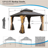 12'x12' Hardtop Gazebo with Cedar Wood Frame, Outdoor Wood Gazebo with Galvanized Steel Double Roof, Permanent Metal Roof Gazebo with Curtains and Netting for Patio, Backyard and Lawn(Brown) ANTSKU