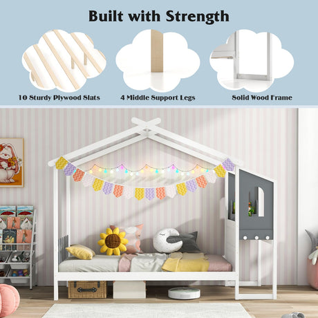 KOMFOTT Twin House Bed with Desk, Wood Montessori Bed Frame with House Roof Canopy, 2 Drawers, Modern Playhouse Bed with Fence for Kids, Teens, Girls & Boys, No Box Spring Needed, White & Gray KOMFOTT