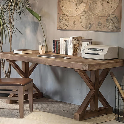 homary 59.1" Office Desk Rustic Farmhouse Computer Table Wood Executive Desk with Trestle in Natural (59.1" L x 27.6" W x 29.5" H) - WoodArtSupply