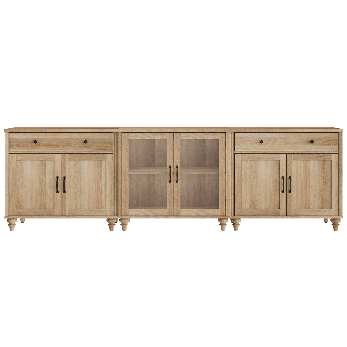 WAMPAT Farmhouse TV Stand for 100 Inch TV, 3-in-1 TV Console Table for 75/80/85/90 Inch TV, Entertainment Center with Glass & Wood Door, Kitchen Sideboard Buffet Cabinet for Dining Room, Oak WAMPAT