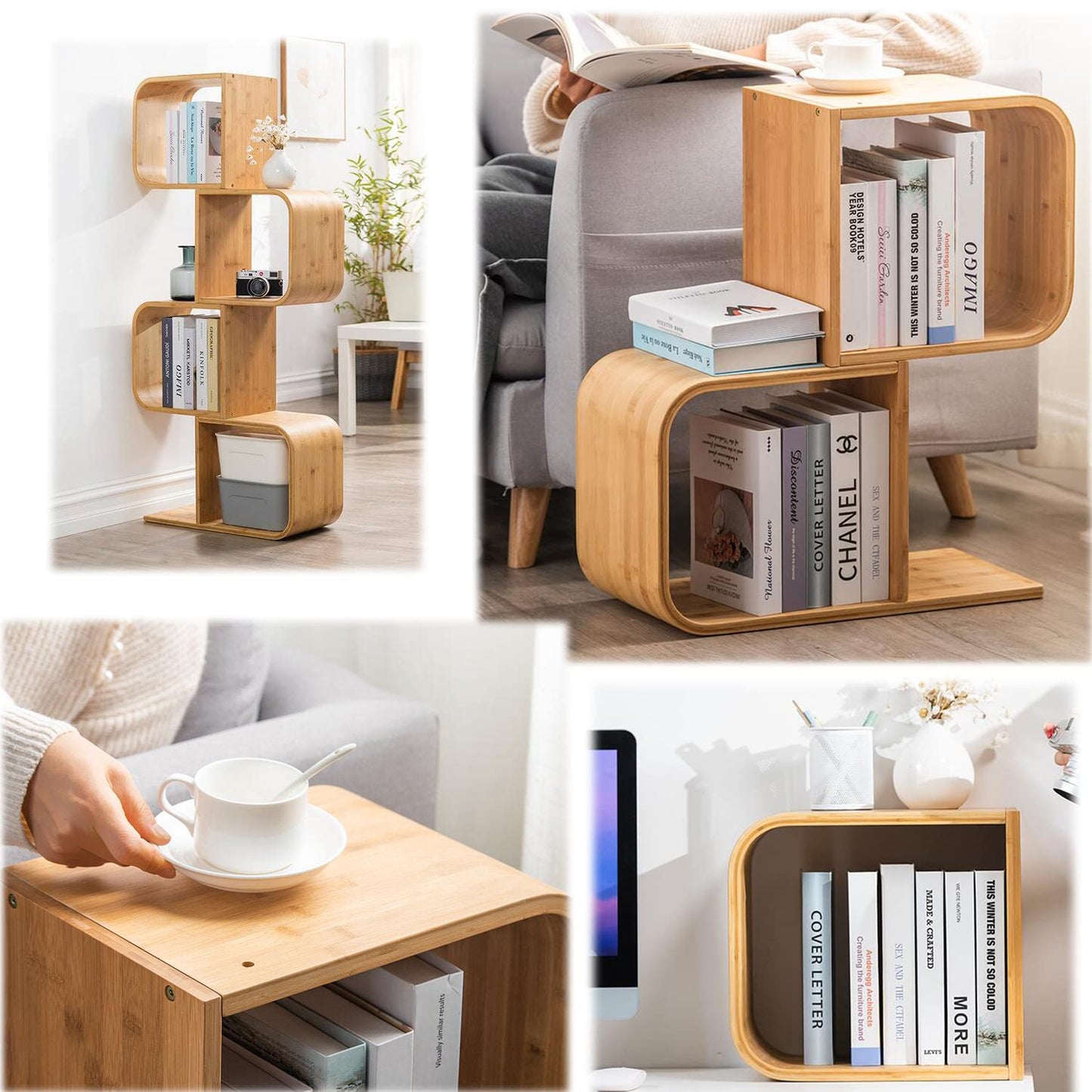 5-Tier S-Shaped Geometric Modern Bamboo Bookshelf, Large Capacity Creative Display Curved Rack Free-Standing Bedside Table 2 in 1 Bookcase Storage CDs, DVDs Book Shelf for Home, Office, Living Room