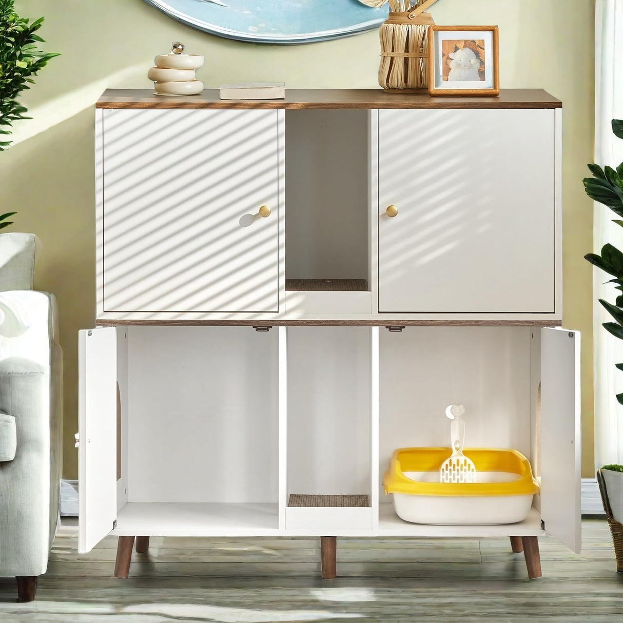 JanflyHome Litter Box Enclosure for 2 Cats, Double Hidden Litter Box Cabinet Furniture with Scratching Pad, Indoor Wood End Table Side Table Cat Washroom, White JanflyHome