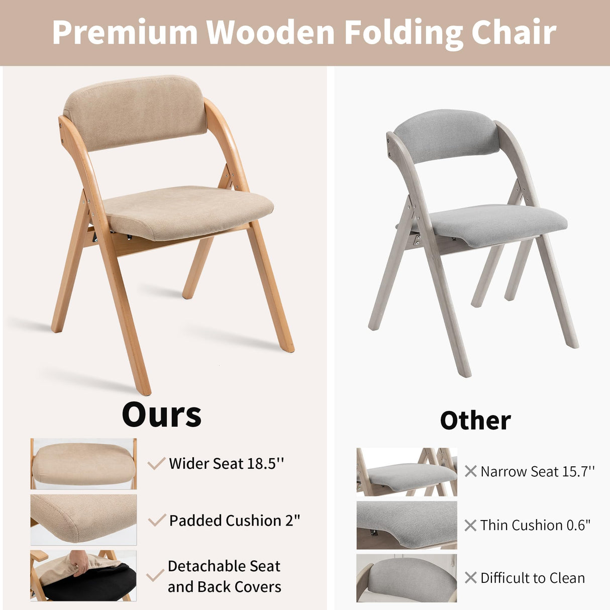 HOMEFUN Folding Chairs with Padded Seats, Wooden Stackable Dining Chairs Set of 2 with Removable Cover Folding Extra Chair for Guests Kitchen Office Wedding Party Picnic, Khaki HOMEFUN