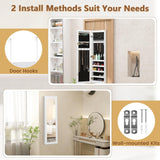 12 LEDs Jewelry Armoire Cabinet, Wall/Door Mounted Full-Length Mirror Jewelry Cabinet with Earring & Rings Slots Necklace Hooks, 5 Storage Shelves for Bedroom Makeups, White Giantex