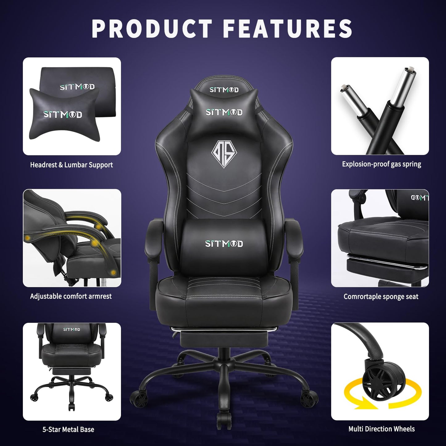 Gaming Chair for Adults, Big and Tall Gamer Chairs with Footrest and Lumbar Support, Height Adjustable Reclining Heavy Duty Computer Chair for Gaming Room, Living Room and Office