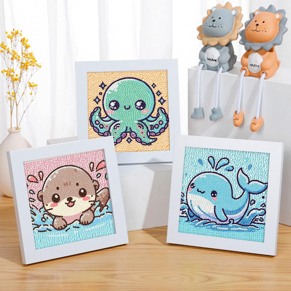Canrichshop 4 Pack Cartoon 5D Diamond Painting for Kids,Cute Marine Animals DIY Painting Art Kit for Kids Ages 4-8-12 Mosaic Kits,Diamond Art Kid Present,Gem Paintings Full Drill 6x6 Inch Canrichshop